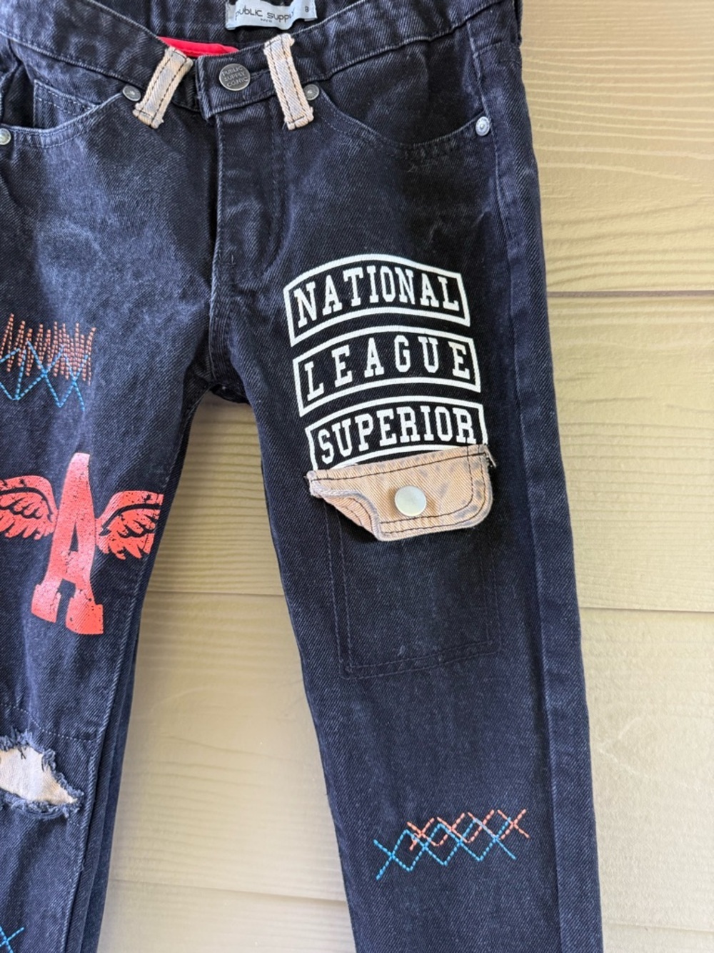 Public Supply NY Boys' Black Distressed-Style Graphics Patch Jeans Red Accent - Picture 4 of 10